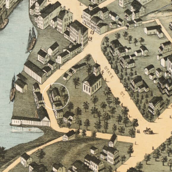 Bird's eye map showing Mill Hill, with Lockup circled, 1875 |  Publisher O.H. Bailey