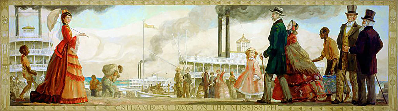 Steamboat Days on the Mississippi, 1937 | Mural, oil on canvas, 12'7"w x 3'6"h | Justin Gruelle (1889-1978)| Norwalk City Hall