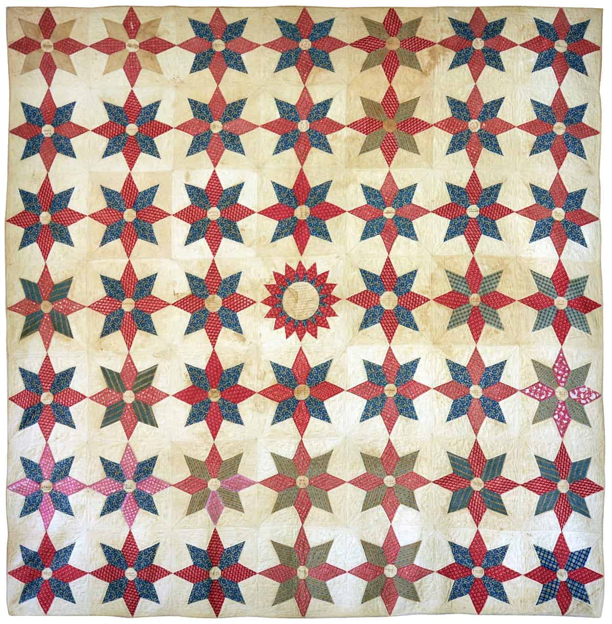 Album Quilt | Norwalk Ladies Aid Society 1847, Norwalk | Star pattern with sunflower center, red, white, gold and green cotton fabric | Signed by Ladies Aid Society | 80” x 80” | Stamford Historical Society h868ra-1