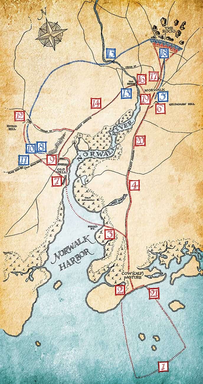 The Routes of the British and Patriots, July 10-11, 1779 | Original map drawn by Richard Ventre, 2003