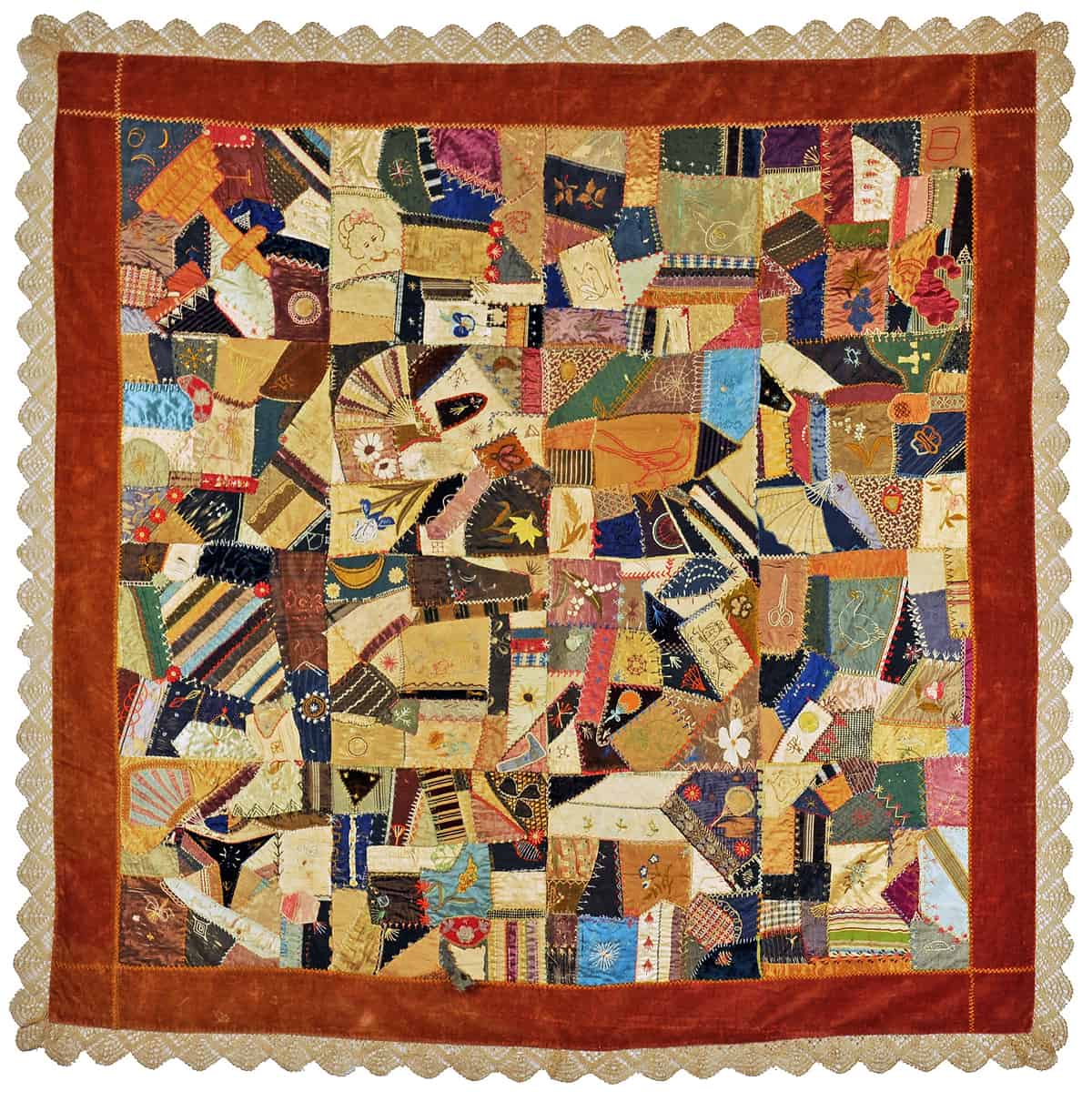 Crazy Quilt | Mary E. Fillow Poyvez, 1880s, East Norwalk, CT | Silk, velvet border, bobbin lace edging | 60″ x 60″ | Norwalk Historical Society FIC 2011