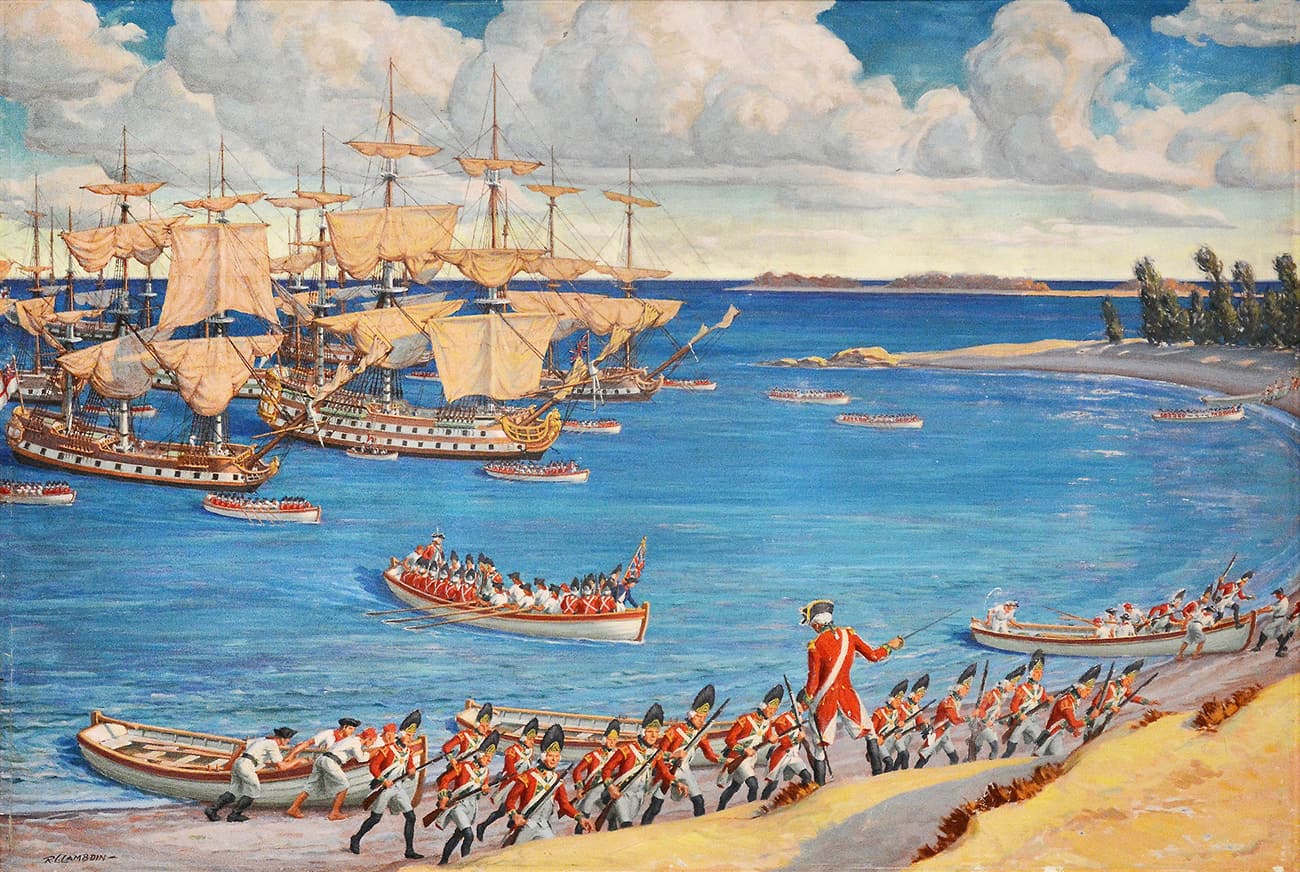 The British Landing at Cedar Point, April 25, 1777 | Robert Penn Lambdin (1886-1981),1955 | Oil on Masonite | Westport Public Art Collections