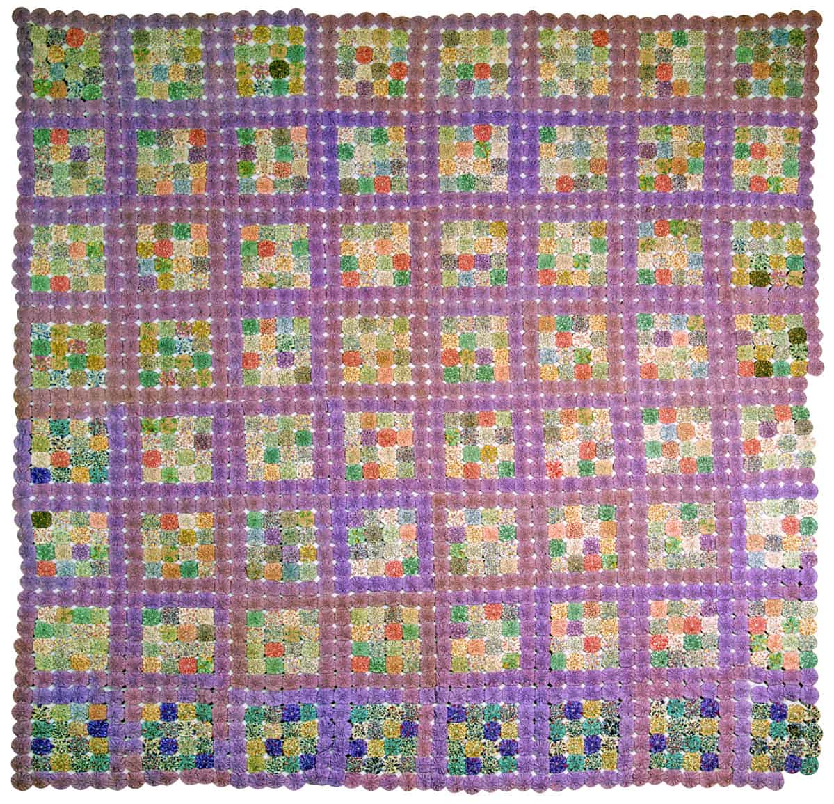Yo-Yo Quilt, Unknown Maker 1930s | Cotton in pastel colors, 83″ x 81″ | Rowayton Historical Society 10.73.01